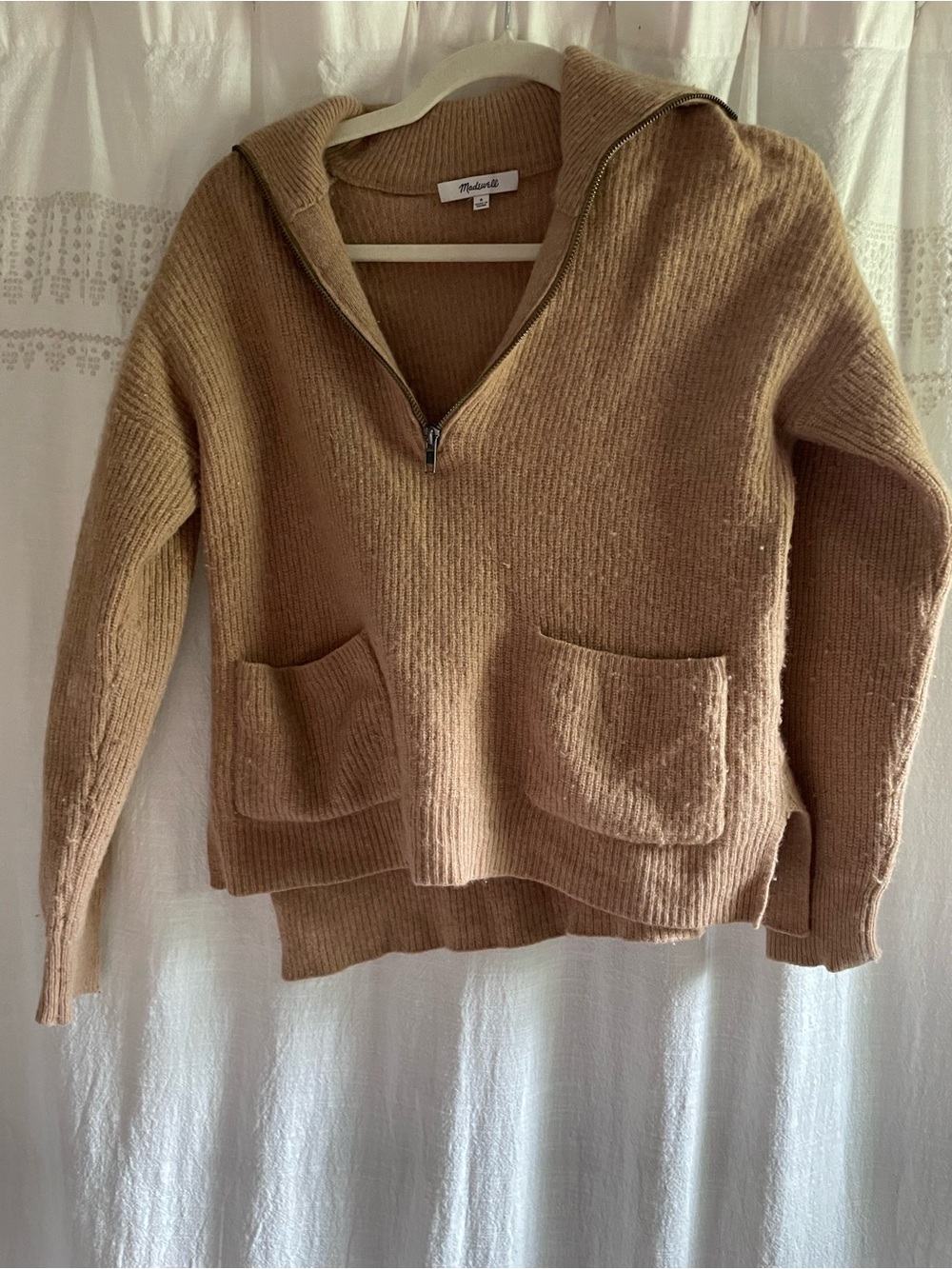 Madewell Tan Half-Zip Pocket Pullover Sweater